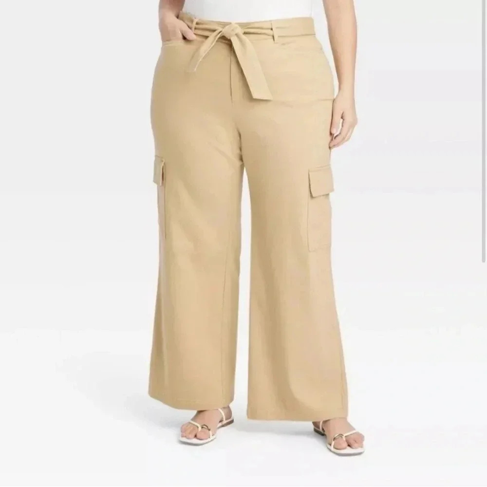 Sz 17 High-Rise Wide Leg Cargo Pants - Ava & Viv™ Tan - Picture 2 of 7